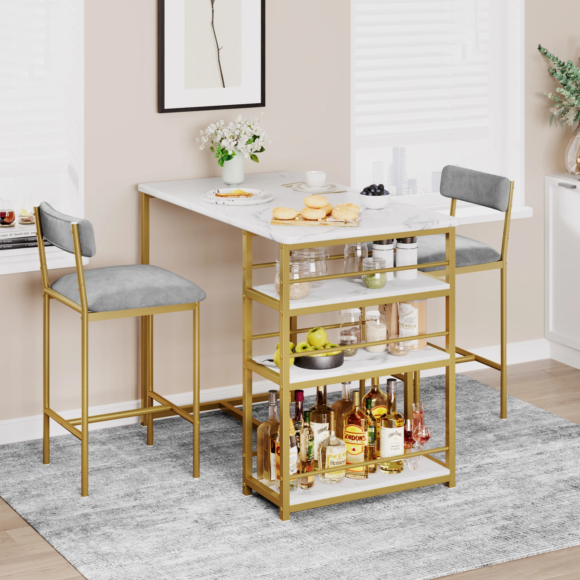 

Dining Table Set Bar Table and 2 Upholstered Chairs Kitchen Table Set Storage Shelves, Pub Table Set for Small Space Breakfast
