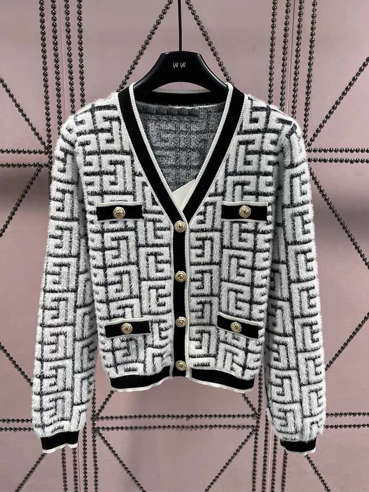 Vintage Fashion Geometric Pattern Knitted Cardigan Small Fragrant V-neck Long Sleeve Short Tops Autumn New Chic Jacket Sweater