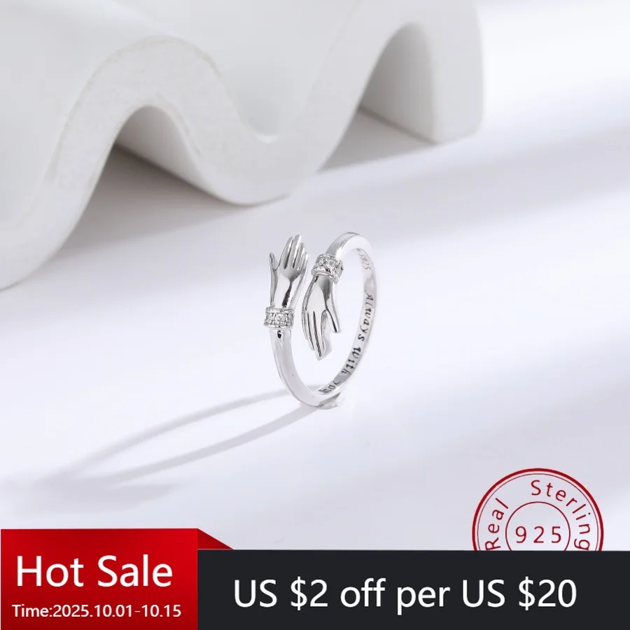 

Sterling Silver Ring with Double-Embrace Zirconia for Women European American Style, Unique Design Luxury Couple's Matching Ring
