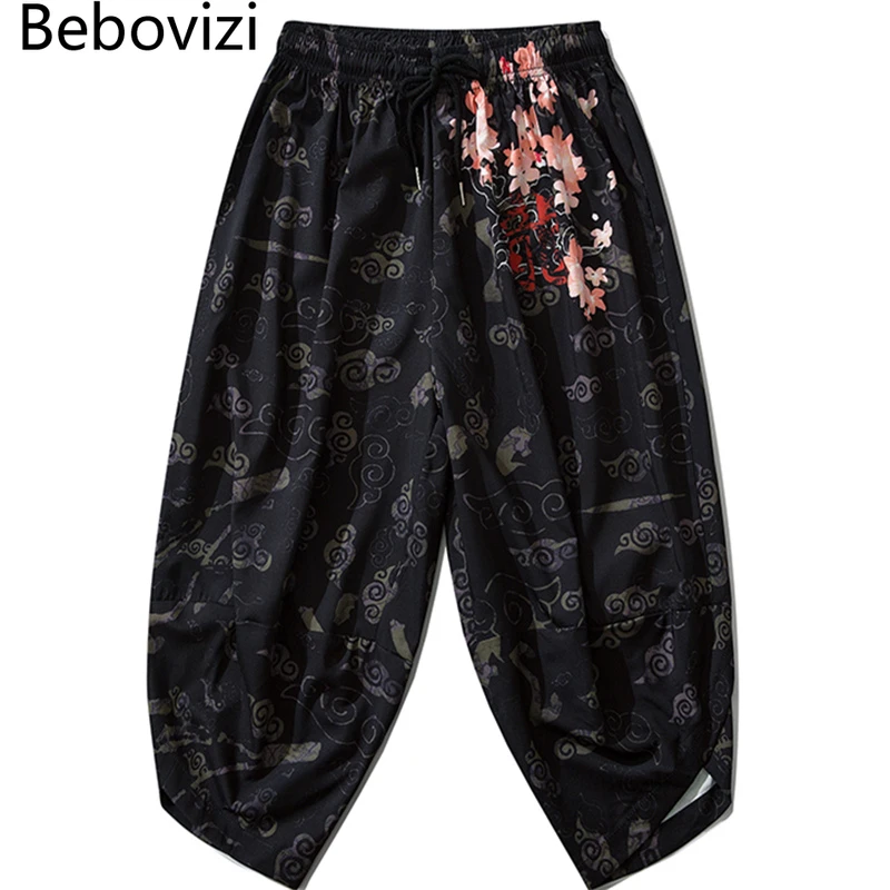 Bebovizi Thin Japanese Kimono Pants Women Men Samurai Black Harem Pants Loose Elastic Waist Chinese Style Cosplay Trousers