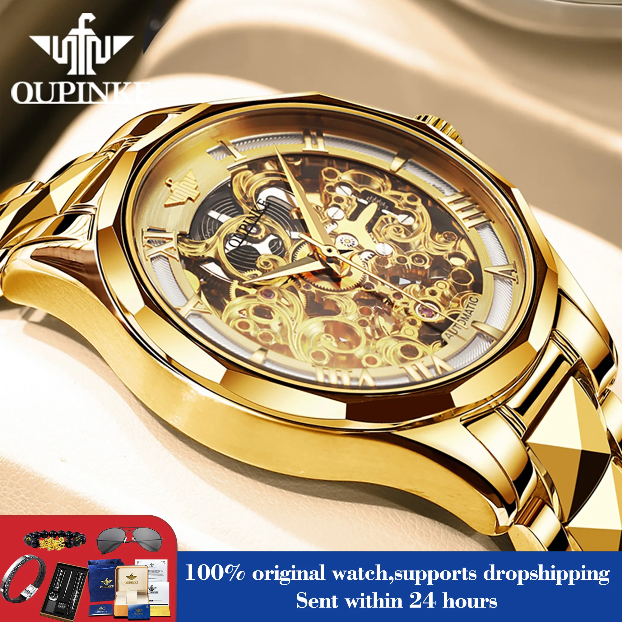 

OUPINKE 3168, мужские часы, роскошные классические механические часы для мужчин, полый скелет, римская шкала, глубокие водонепроницаемые деловые ручные часы