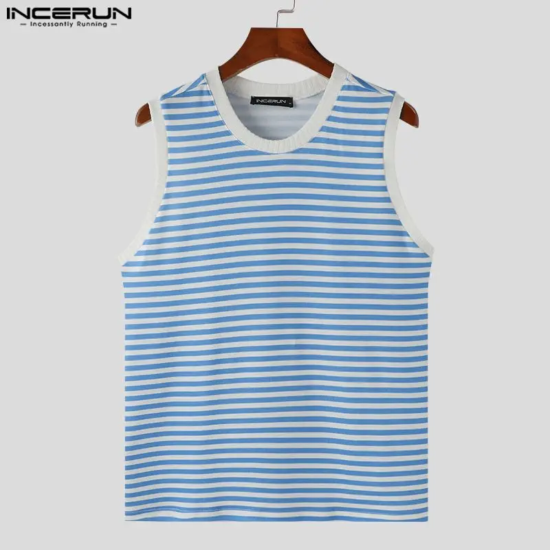 INCERUN Tops 2024 Korean Style New Men\'s O-neck Contrast Striped Printed Tank Tops Summer Streetwear Male Sleeveless Vests S-5XL