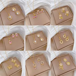 Light Luxury Cherry Flower Zircon Jewelry Sets Stainless Steel Chains Geometric Pendant Necklace Earrings Gifts For Women Girls