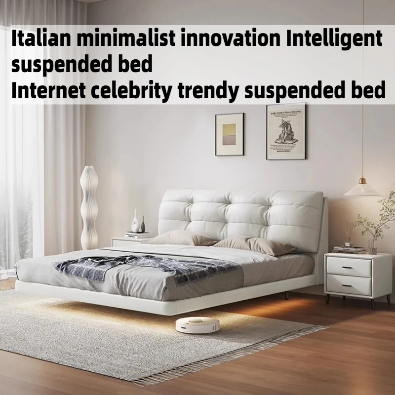 

Роскошная подвесная двуспальная кровать размера King (200x220 см) в кремовом стиле, плавающая кровать, деревянный каркас с мягким изголовьем, мебель для спальни