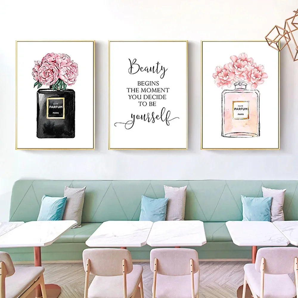 Canvas Painting Flower Perfume Bottle Fashion Quote Makeup Poster and Print Wall Art Picture Modern Girl Woman Room Decoration