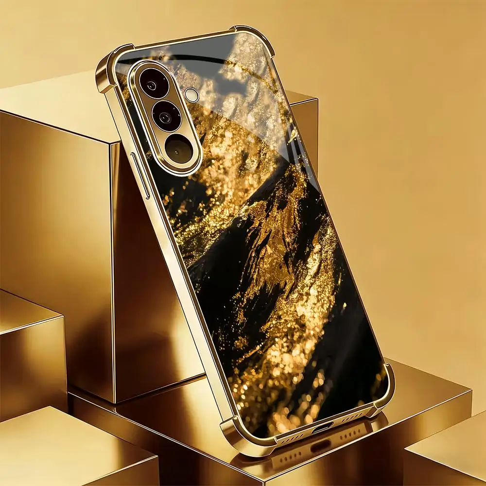 Golden pattern four corner anti drop glass phone case suitable for Samsung Galaxy S26 S25 S24 S23 S22 S21 S20 FE/Ultra/Plus