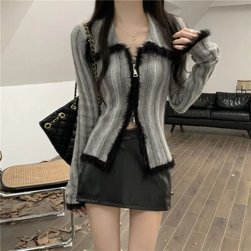 

Осень-зима, женский вязаный кардиган с воротником, градиентный винтажный мягкий уютный топ, облегающий фигуру, подчеркивающий универсальный слой