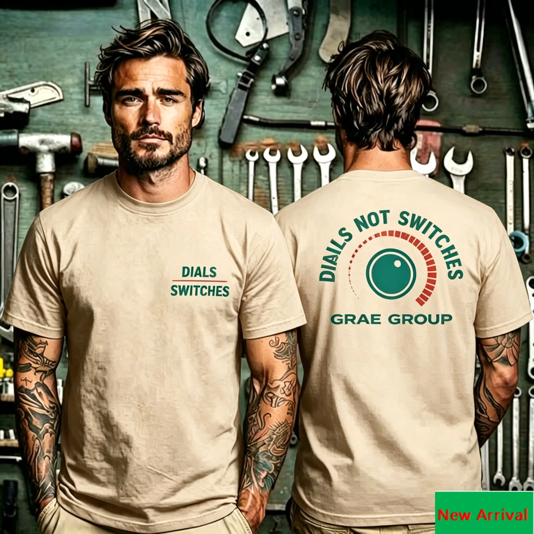 Dials Not Switches Scope Circle Graphic Back Print T Shirt with Front Dials Switches Text Print, Minimalist Tactical Artwork