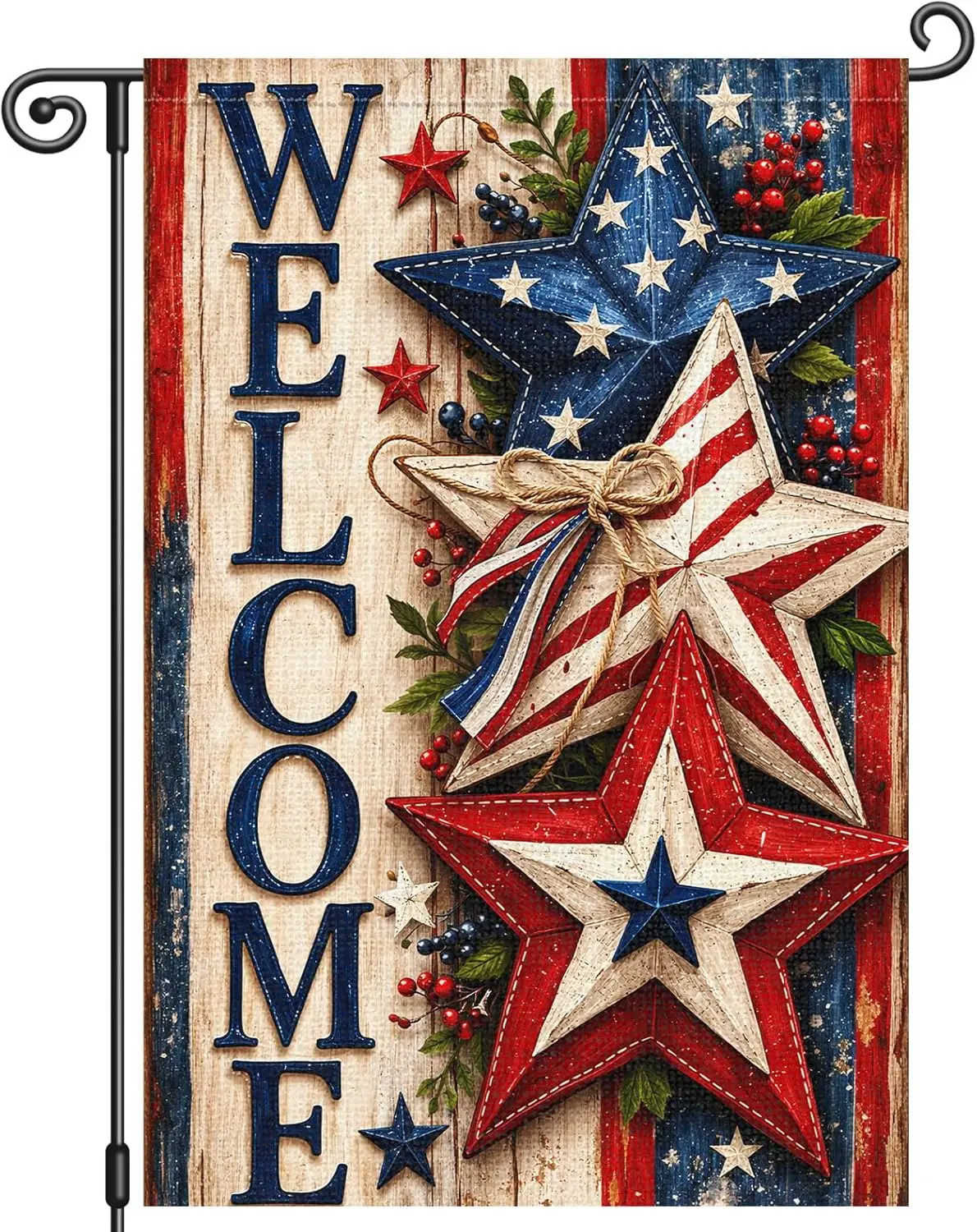 Heyfibro Patriotic Welcome Garden Flag with Rustic Star Design - Double Sided 12x18 Inch Patriotic Outdoor Farmhouse Flag fo AAS