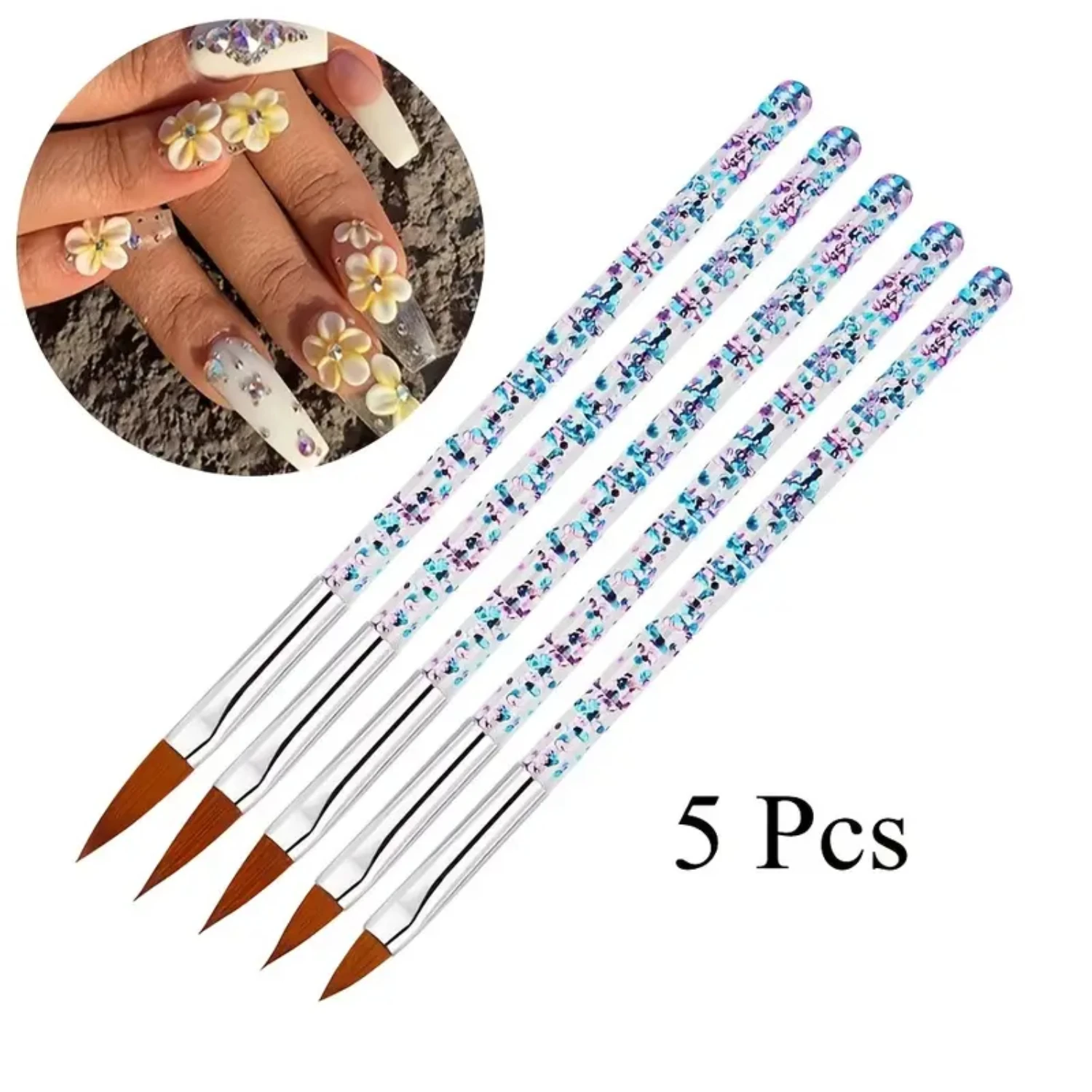 Beautiful, precise, and exquisite set of 5 stunning crystal handled nail art brushes. Perfect for acrylic UV gel carving and daz