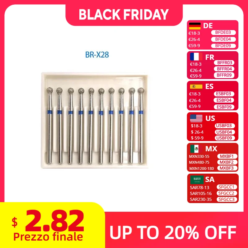 

BR-X28 BR-X28C BR-X28S BR-X31S BR-X40C Стоматологические алмазные боры Сверлильный шарик Круглый 1,6 мм Высокоскоростной наконечник 450000 об/мин 10 шт./упак.