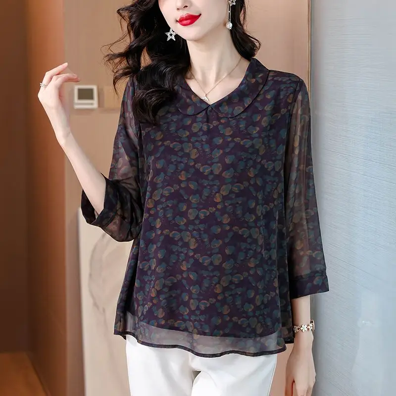 Casual Peter Pan Collar Shirt Spring Summer New 3/4 Sleeve Women\'s Clothing Vintage Stylish Printed Commute Loose Spliced Blouse