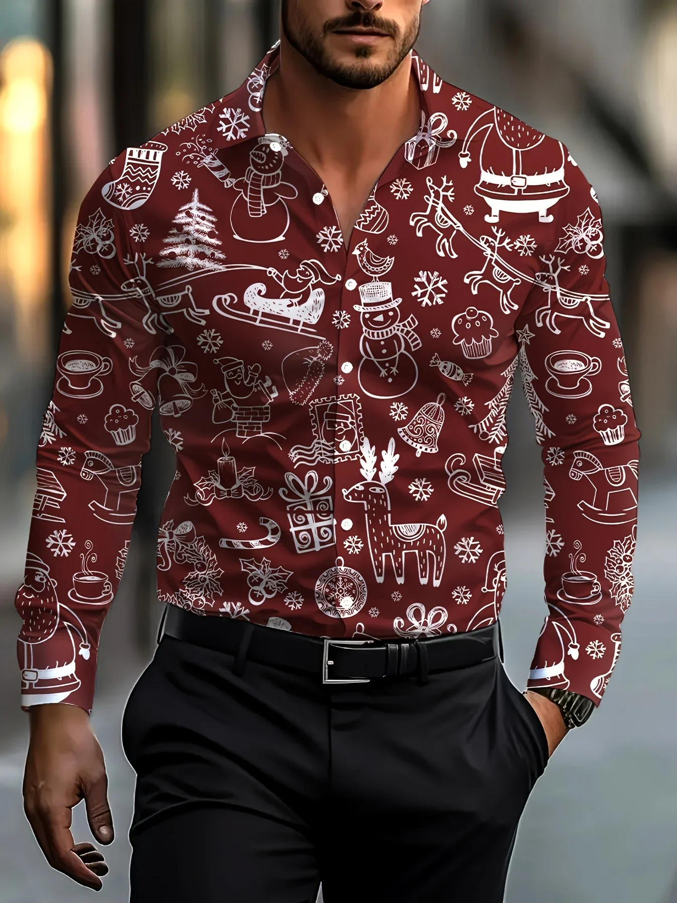 2025 Men's Christmas Gift Snowflake Christmas Tree Pattern Shirt 3D Print Santa Claus Fun Outfit Holiday Party Dress Red Holiday