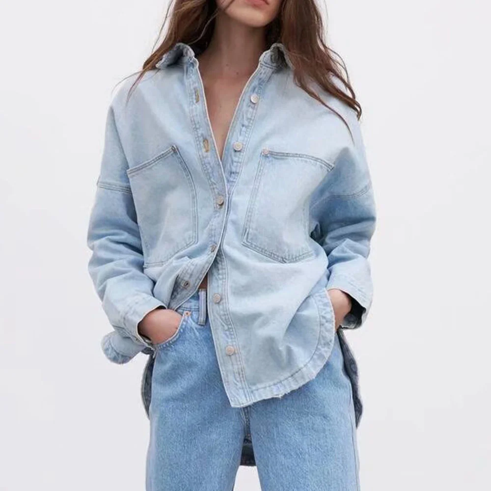 Imagem -06 - Primavera Outono Novo Estilo Britânico Roupas Femininas Retro Antigo Estilo Coreano Casual Solto Bolso Denim Camisa Cabolsa