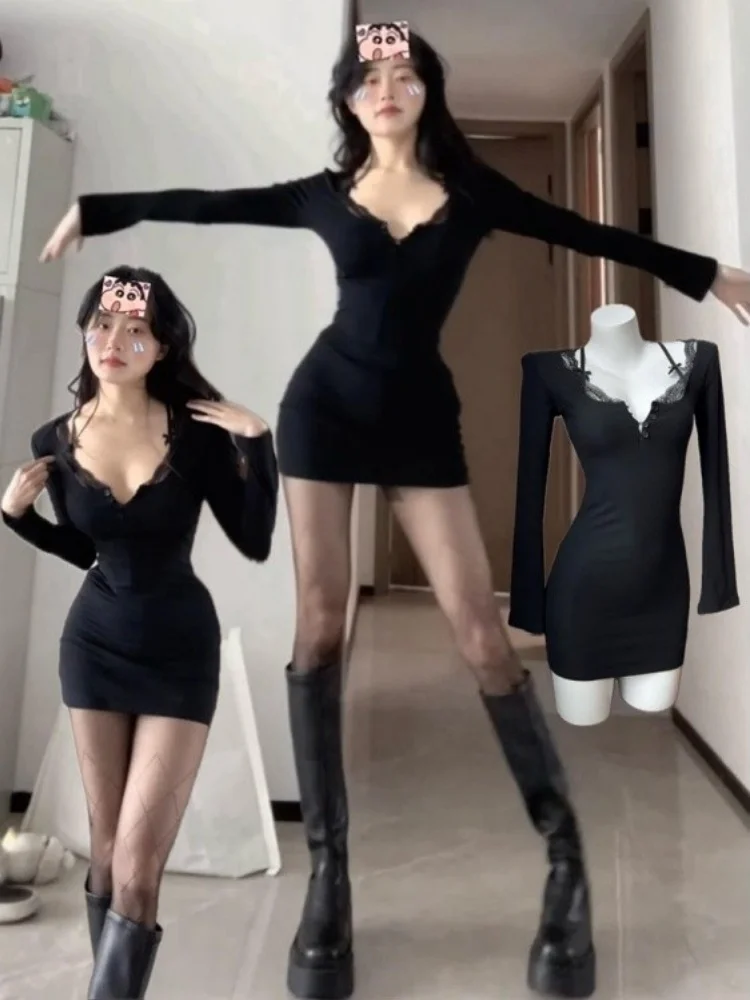 

Bla Lace ort Dr Women's Faion Winter 2025 Slim Fit Bodycon Skirt Sexy Pure Color Waist Cinched Long Sve A-Line Dr