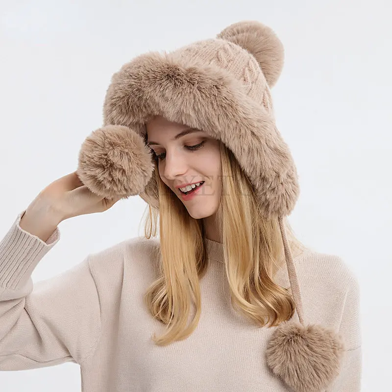 Winter Warm Knitting Hat Fur Women\'s Hat with Earmuffs Double Ball Outdoor Thickened Plush Fluffy World Hat New Product