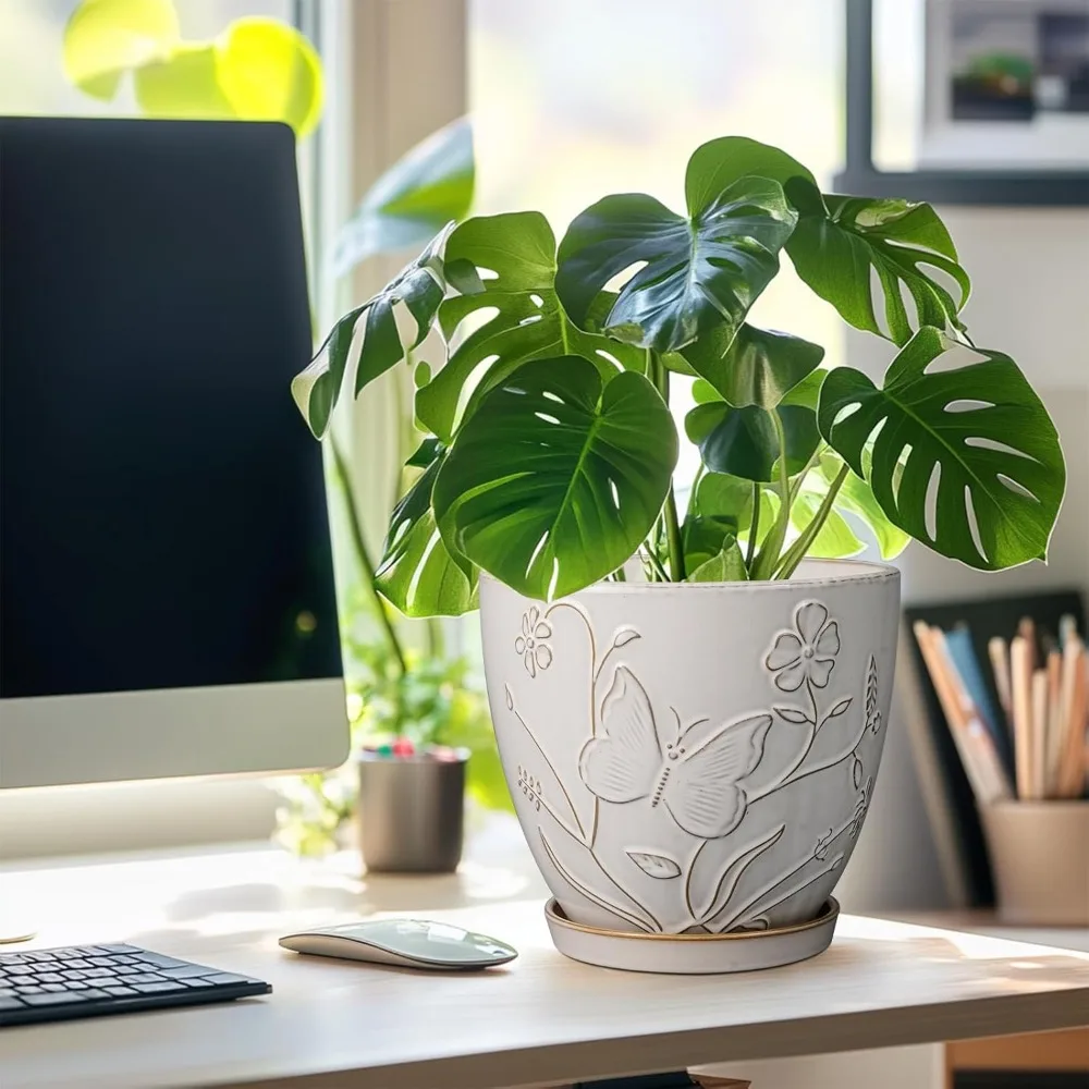 

8 Inch White Ceramic Plant Pot with Drainage Hole & Saucer, Large Round Flower Planter for Indoor Outdoor Garden Decor