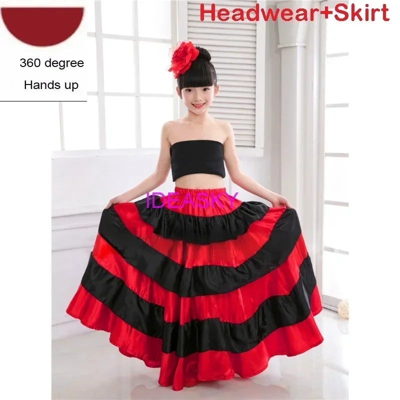 Trajes de dança espanhola para crianças, vestido vermelho longo estilo flamenco, saia de salão para meninas, roupas de criança