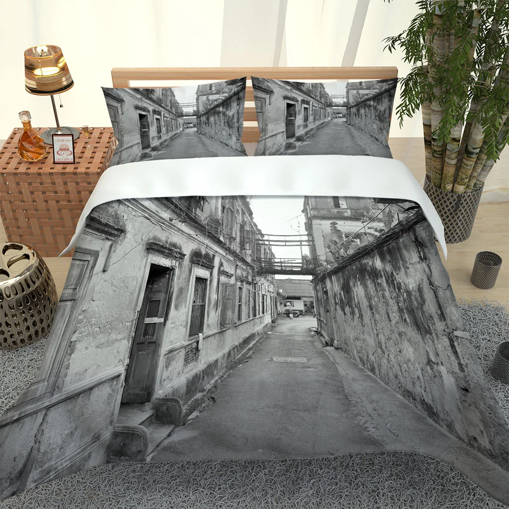 

HUANZHUANG Pattern Duvet Cover Set Gray Old House Alley King Queen Full Size Bedding Set For Kid Boy Girl Polyester Comforter Co