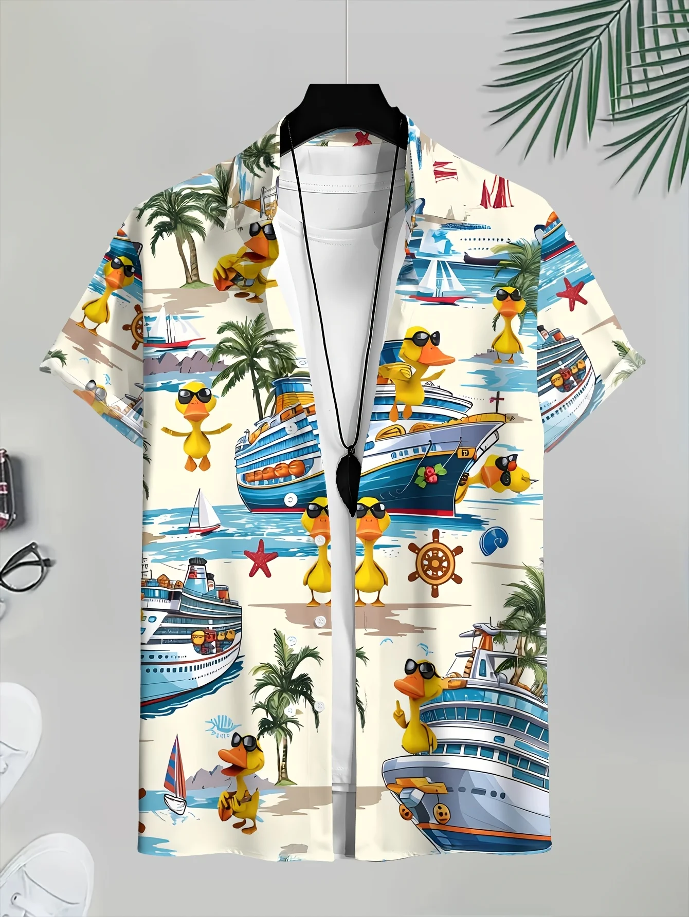 Men's Casual 3D Beige Duckling Cruise Print Vacation Beach Shirt