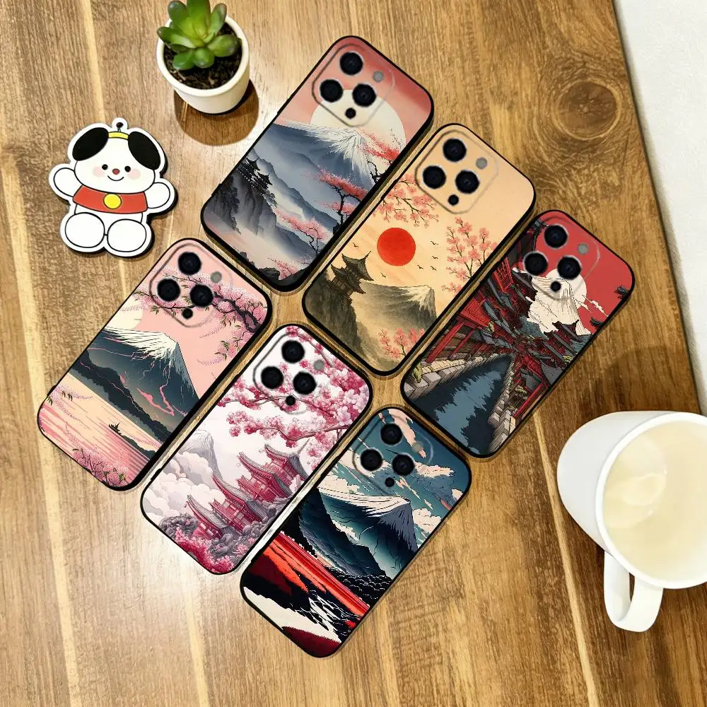 Japan Mount Fuji Cherry  Phone Case For iPhone 17,16,15,14,13,12,11 Plus,Pro Max,XS,Soft Silicone Black Cover