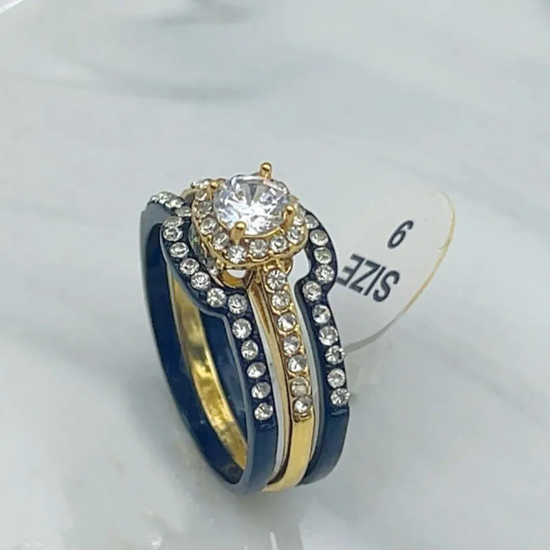 Two-Tone Gold & Navy Blue Enamel Halo Engagement Ring Set for Women Cubic Zirconia Jewelry for Bridal Wedding & Daily Wear
