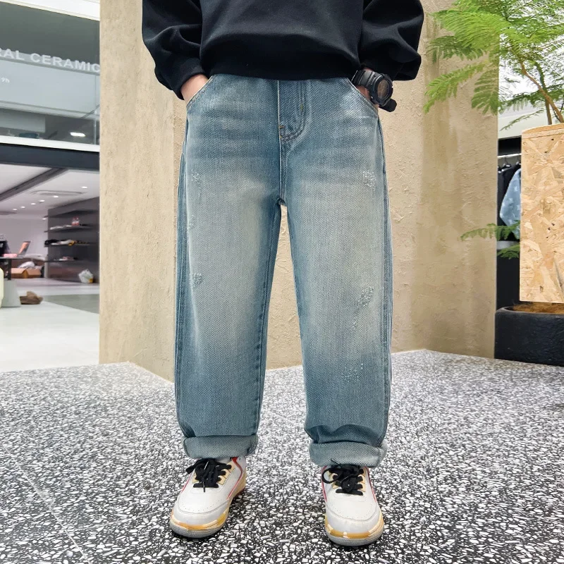2026 New Boys Cool Jeans Spring And Autumn Trousers Korean Casual Blue Loose Pants Painting Print Children's Clothing 5-14Years