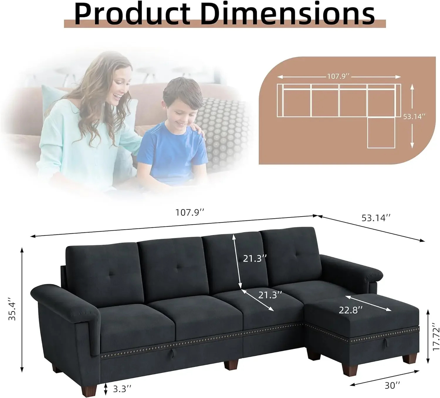 107'' Sectional Couch, L Shaped Sofa with Storage, Convertible Sectional Sofa 4-Seat Sofa with Reversible Chaise, Furniture Sets