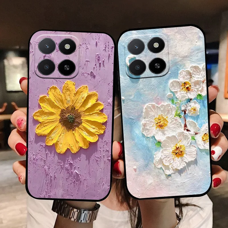 Case For Honor X5b Plus X5b+ Black Cute Flowers Soft TPU Silicone Shockproof Phone Cover For Honor Play 40c Honor X5 Capa Fundas
