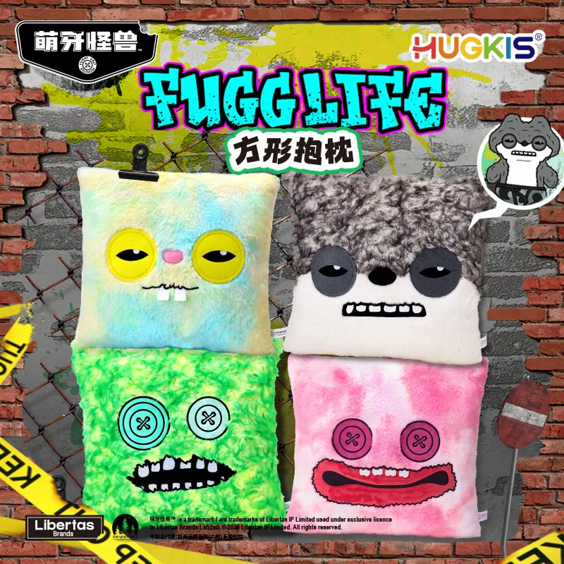 Coussin carré en peluche Kawaii HUGKIS X Fuggler, monstre mignon authentique, coussin de canapé, poupée moche et mignonne, cadeau d'anniversaire pour fille