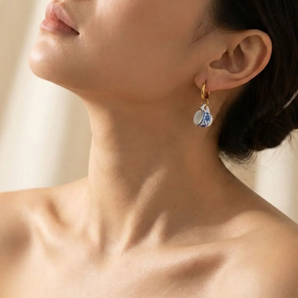 Chinese Style Ceramic Ear Buckle Dripping Oil Flower Blue and White Porcelain Earrings Minimalist Hand Drawn
