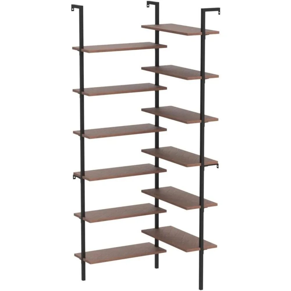 

12-Tier L Shaped Bookshelf, Double Wide Corner Wall Mount Bookcase with Metal Frame and Wood, Modern