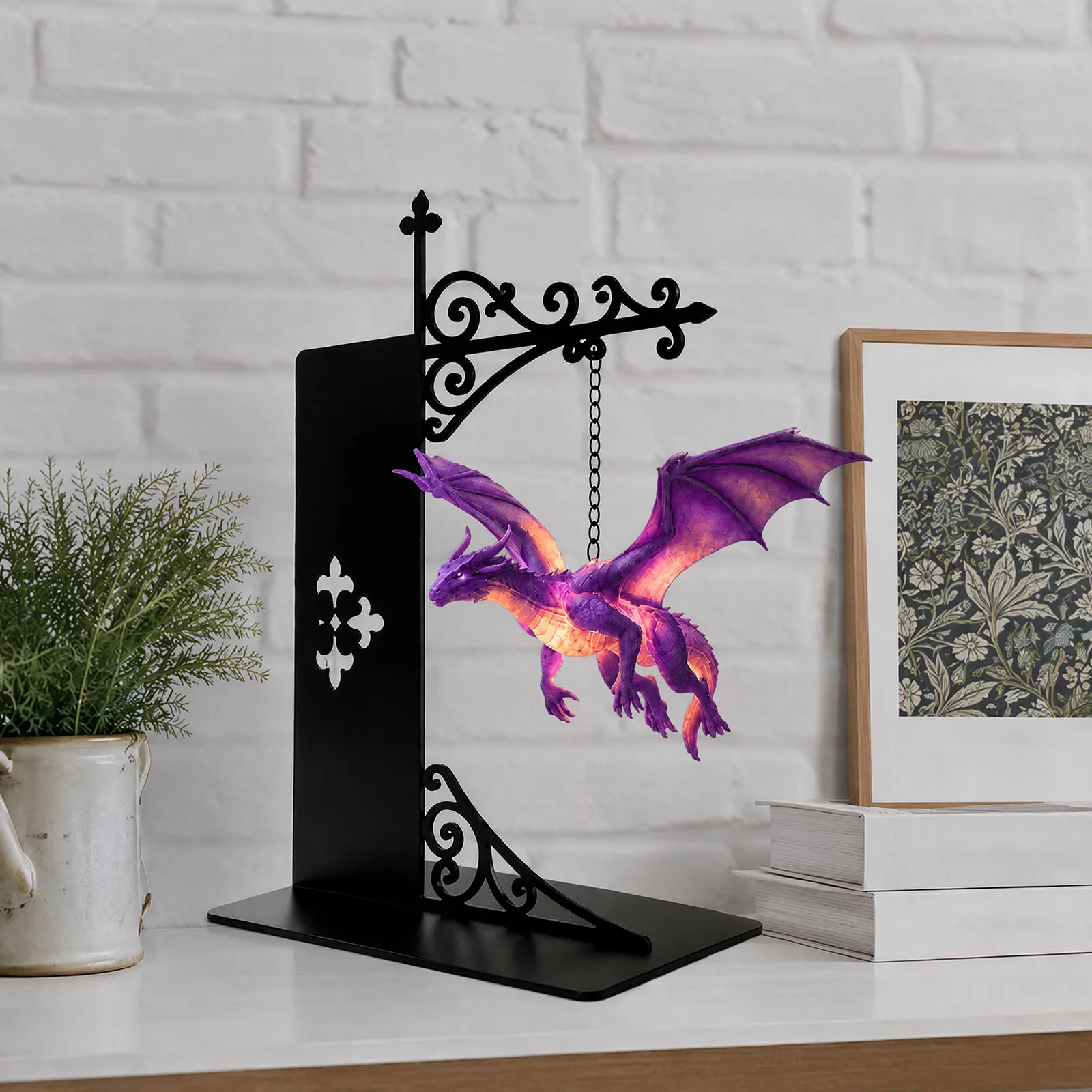 Creative Bookends Light Dragon Night Light Bookshelf Lamp Warm LED Fantasy Reading Corner Decor Metal Shelf(Purple)