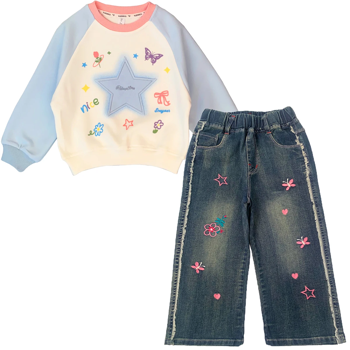 4-10Years Toddler Girls 2pcs Clothing Sets Long Sleeve Star Tops+ Embroidered Jeans Little Girl Suits