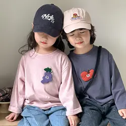 2025 Spring Autumn Children Clothes Baby Girls Long Sleeve Shirts Boys Cotton Pullover Outerwear Kids Fruit Patch T-shirts Tops