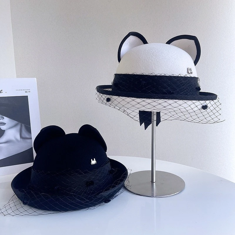 آذان قطة لطيفة براقة مع حواف مزركشة قبعة قماش شبكية من الصوف الأسترالي قبعة دلو عتيقة نمط فريد قبعة صياد عصرية #3