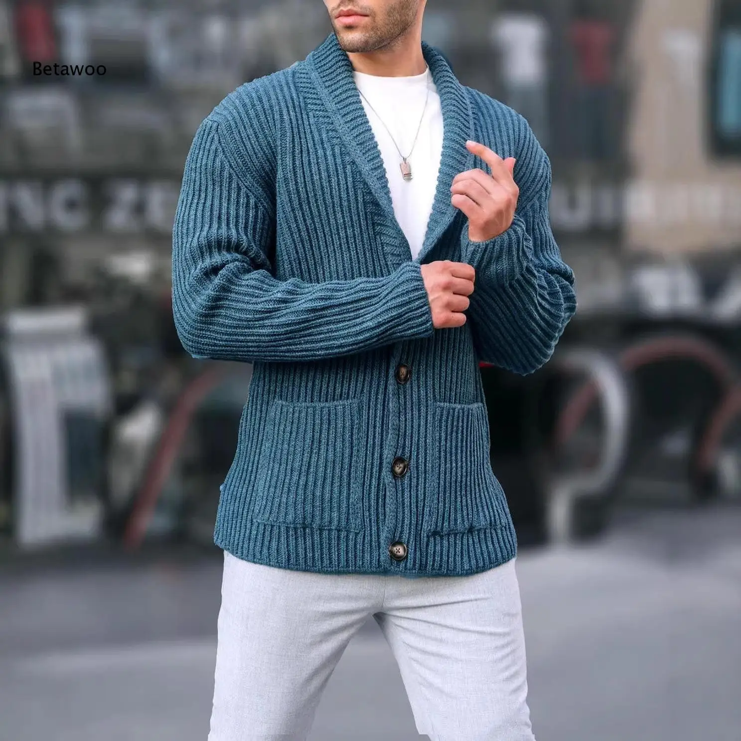 Autumn Winter Mens Shawl Collar Knit Cardigan Button Closure Ribbed Texture Long Sleeve Sweater With Two Front Pockets