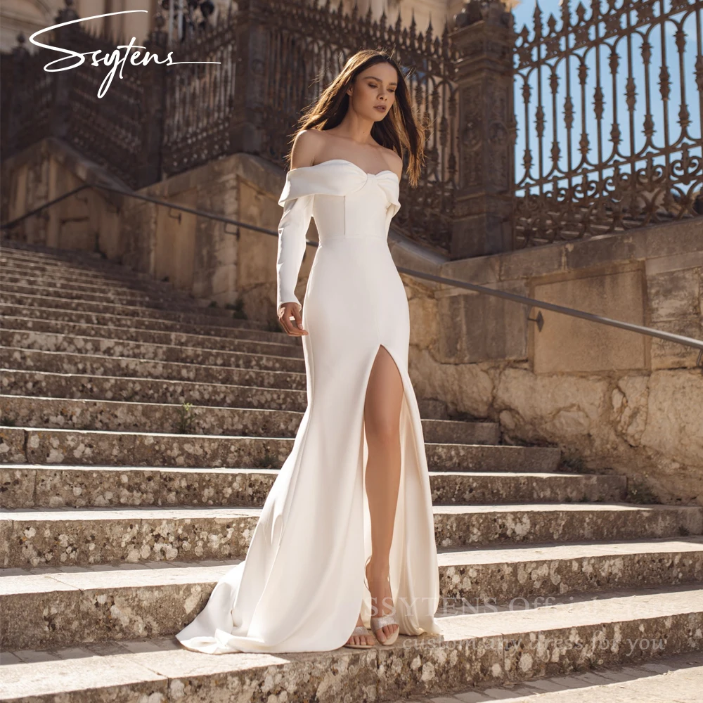 

SSYTENS Elegant Off The Shoulder Satin Mermaid Wedding Dresses Side Slit Long Sleeves Bride Dress Formal Bridal Grown 2025 Robe