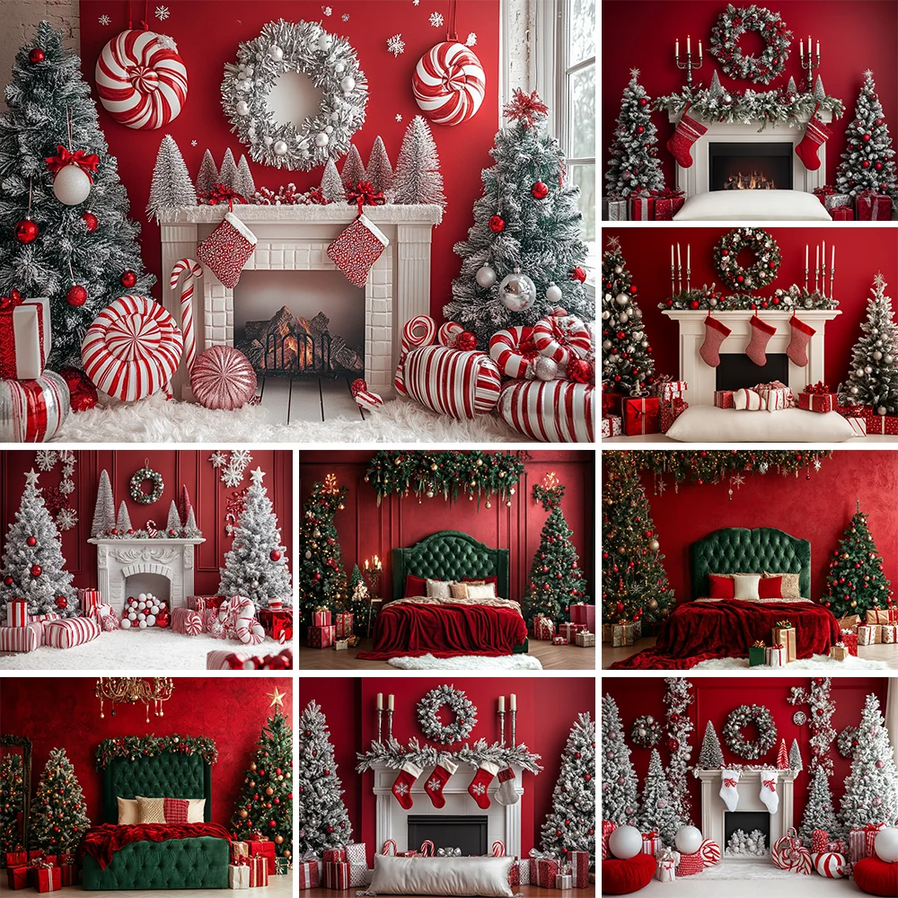 

White Fireplace Photography Backdrop Christmas Red Garland Xmas Tree Candles Background Winter Retro Room Family Photo Studio