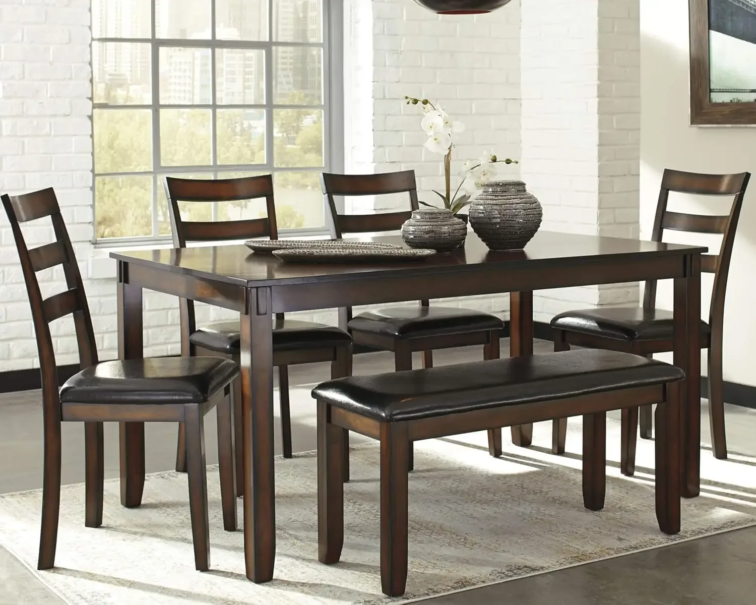 Signature Design by Ashley 6 Piece Dining Set, Includes Table, 4 Chairs & Bench, Dark Brown