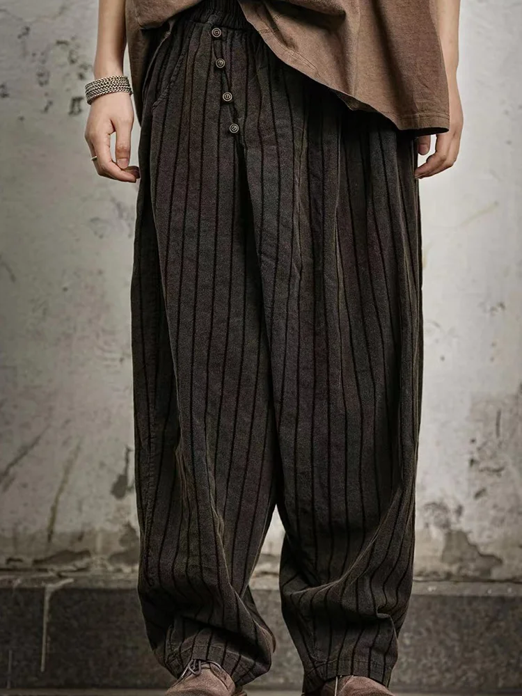 Cotton and Linen Vertical Stripes Jacquard Distressed Elastic Waist Casual Pants Men and Women