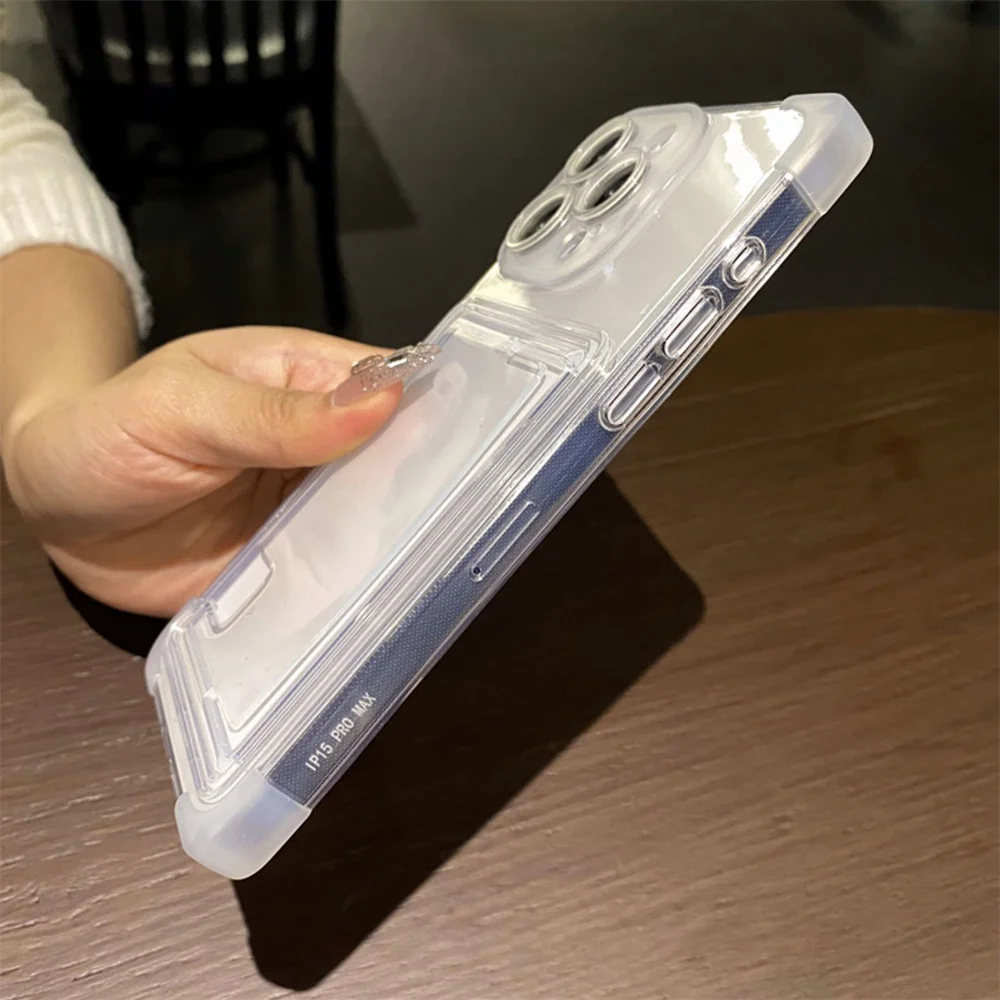 Clear Wallet Push Slot Card Bag Phone Case For iPhone 15 14 13 12 11 Pro Max Corner Reinforced Anti-Drop Protective Back Cover