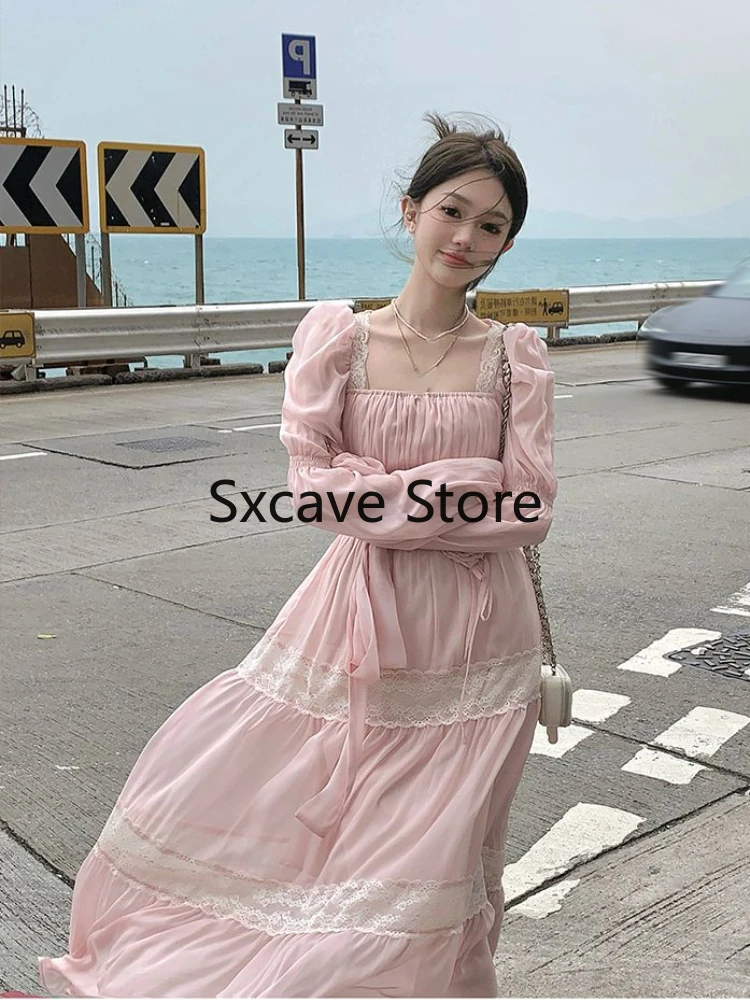 French Vintage Lace Midi Dress Women Casual Beach Style Chiffon Lace Dress Even Party Outwear Slim Korean Fashion Clothing