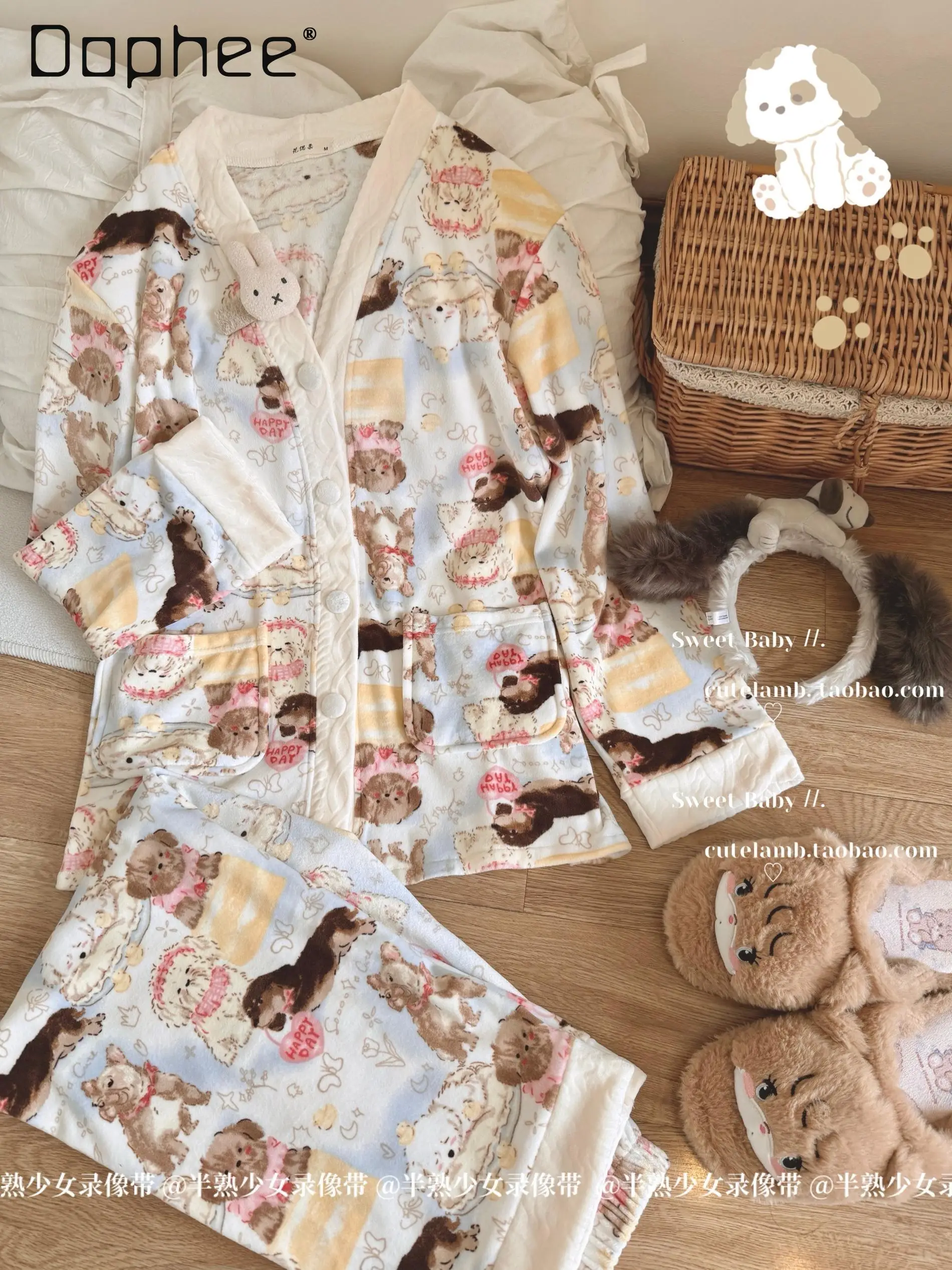 

Cute V Neck Pajama Sets Long Sleeve Dog Print Cardigan Cute Sleepwear for Women 2025 New Soft Single-breasted Loungewear