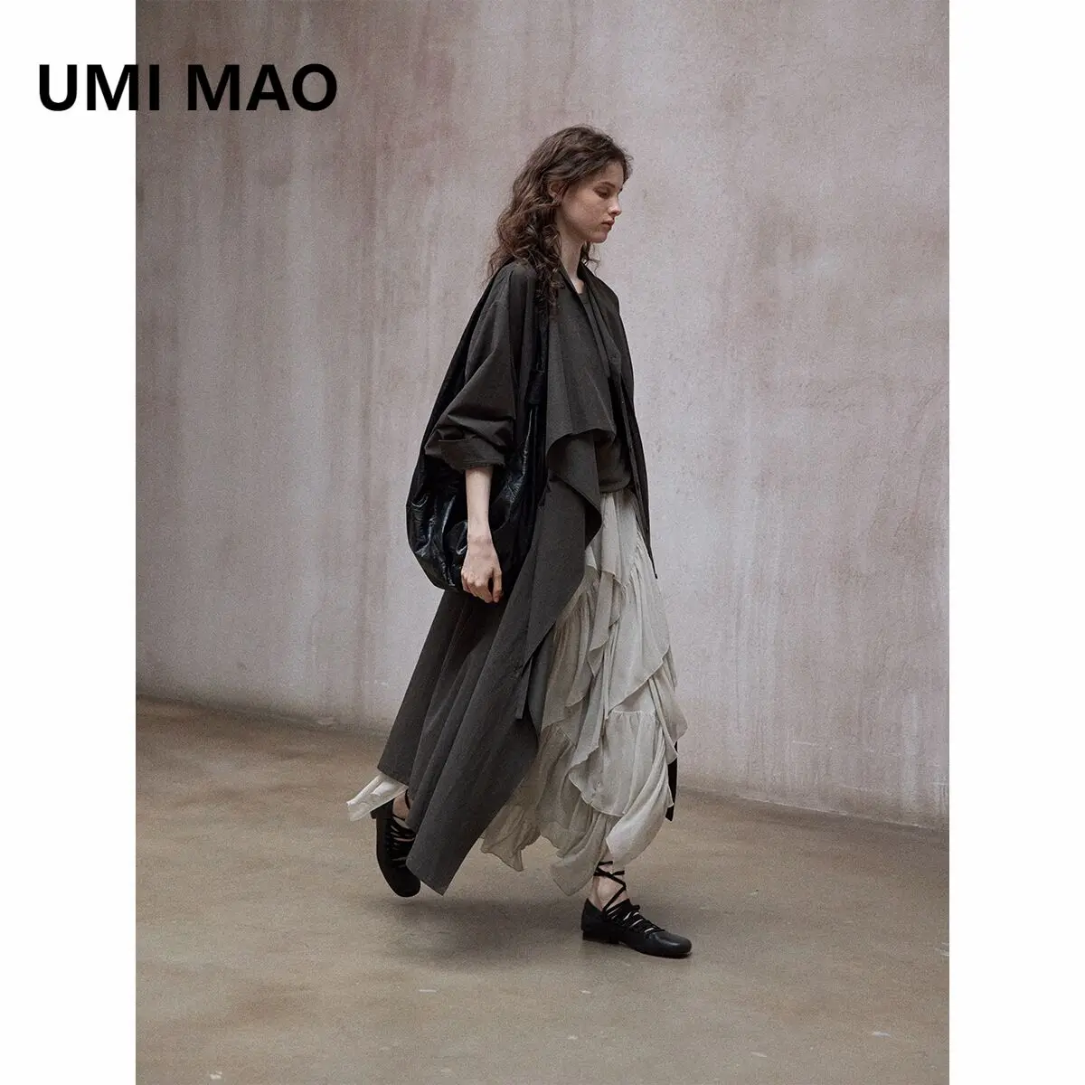 

UMI MAO Trench Coat Sand Washed Tencel Irregular Ribbon Collar Dress With Simple Loose Silhouette Windbreaker Jacket Women