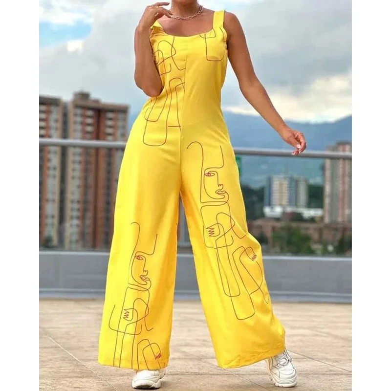

Желтый комбинезон с принтом, на тонких бретелях, с широкими штанинами, летний, из хлопка, повседневный женский костюм