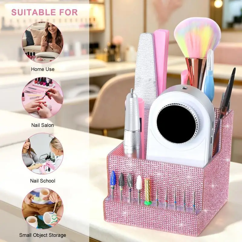 /Kuz/1Pcs Large-Capacity Dual-Compartment Storage Box With 10-Slot Drill Bit Holder Rhinestone Nail Art Tool Organizer