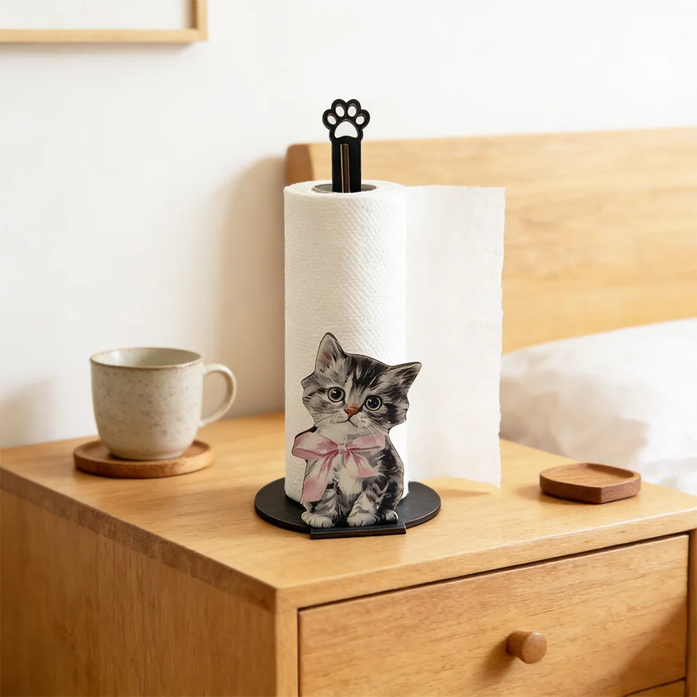 Cute Animal Cat Paper Towel Holder Weighted Base Easy One-Handed Tear Countertop Paper Towel Holder Wooden Rotating Roll