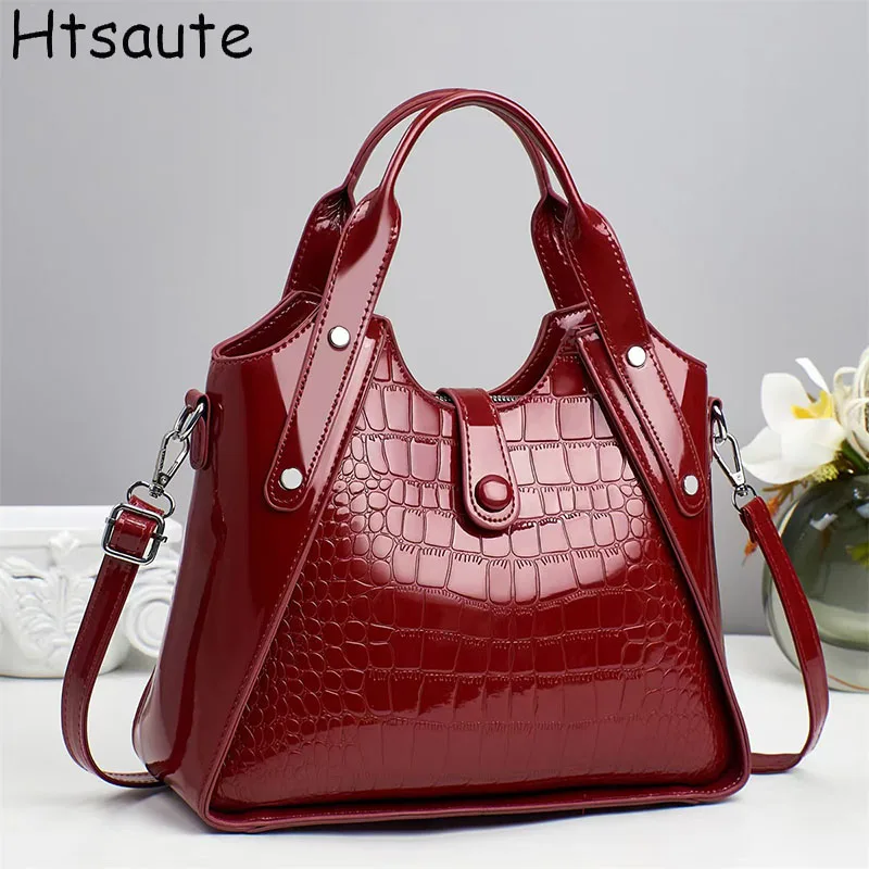 

Bright PU Leather Shoulder Bucket Bag For Women Solid Pattern Large Basket Totes Soft Handbag Mommy Bride Wedding Bags with Lock