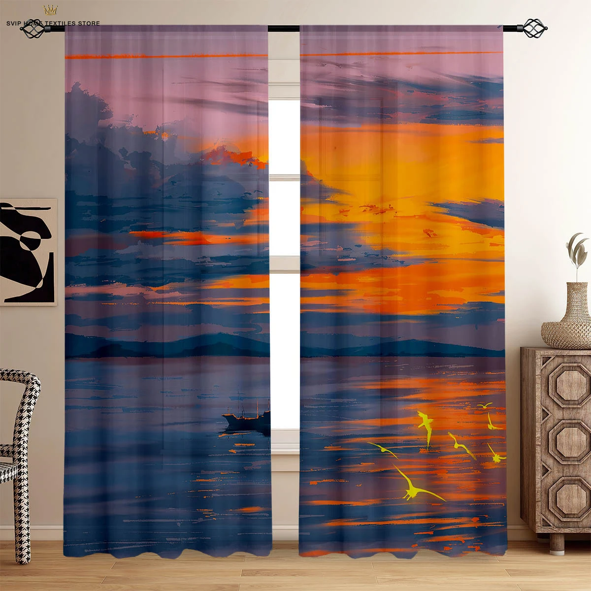 Sunset Starry Sky Landscape Oil Painting Printed Curtains Bedroom Living Room Study Dormitory Decorative Curtains 2 Pieces